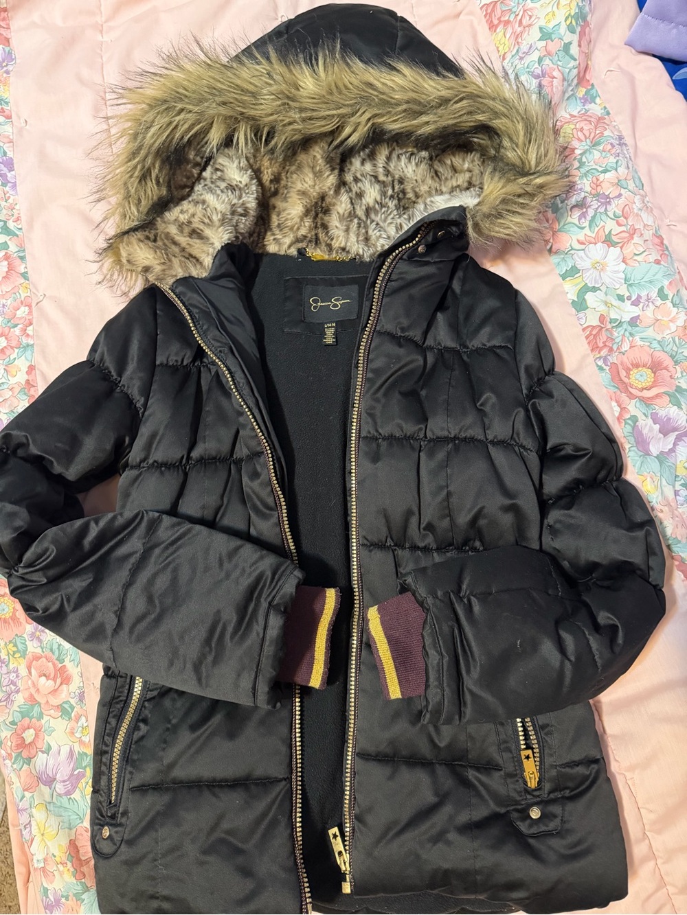 Jessica Simpson Black Faux-Fur Hooded Puffer Jacket - Kids